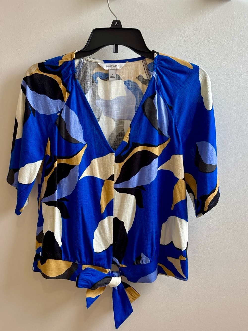 Nine West Royal Blue Abstract Tie-Front V-Neck Blouse